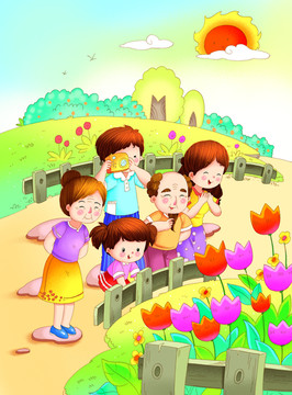 重阳节一家人在公园赏花