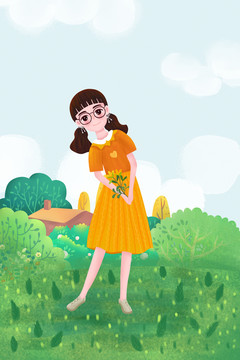 春天女孩插畫
