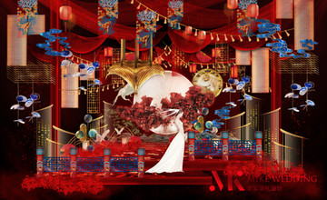 红蓝新中式手绘婚礼背景