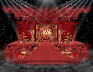 红色中式婚礼舞台吊顶