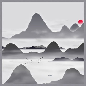 方形簡約水墨圖