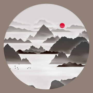 方形簡約水墨圖