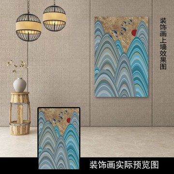 灰藍抽象線條裝飾畫抽象山水畫