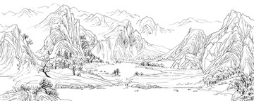 山水線描白描速寫國畫