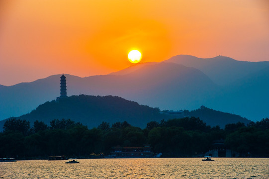 北京颐和园昆明湖落日