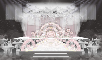 粉色唯美浪漫花拱門(mén)婚禮舞臺(tái)