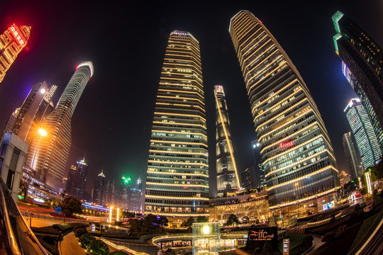 上海陆家嘴夜景上海中心全景鱼眼