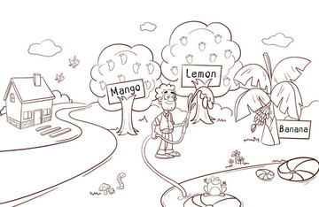果園農(nóng)場線描插畫英語教育繪本插