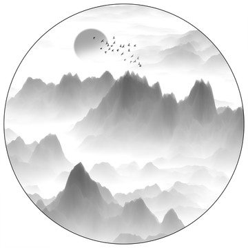 水墨山水畫(huà)禪意圓形中國(guó)風(fēng)畫(huà)