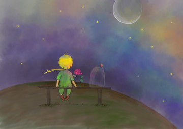 小男孩星空手繪插畫PSD分層圖