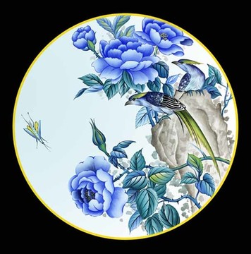 創(chuàng)意手繪藍(lán)彩牡丹雙鳥圖