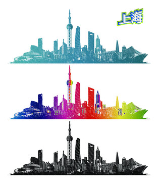 上海地标线描手绘