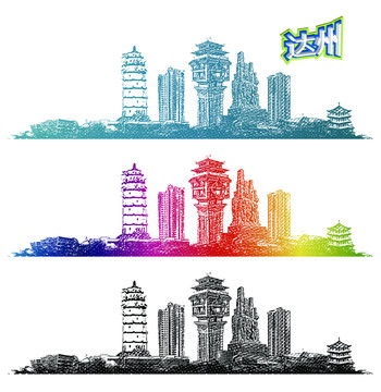 達(dá)州地標(biāo)線描手繪