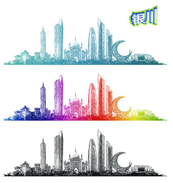 銀川地標(biāo)線描手繪