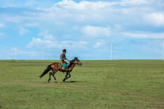 草原上骑马奔跑的男人
