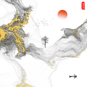 金山流水水墨裝飾畫
