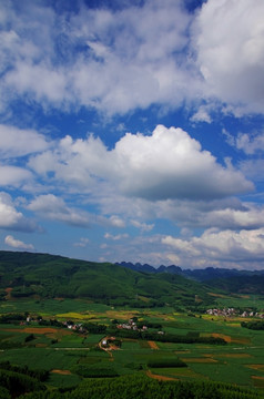 蓝天白云山坡绿林