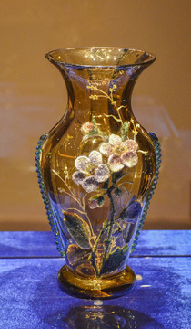 波西米亚琥珀色玻璃珐琅花卉纹瓶