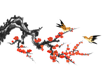 石頭梅花花鳥國畫裝飾畫