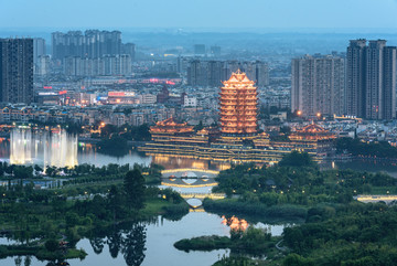 眉山湿地公园远景楼城市俯拍