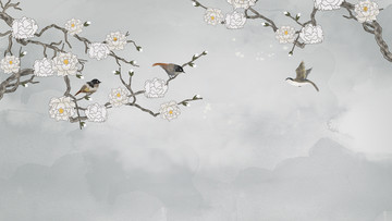 手繪牡丹花鳥裝飾畫