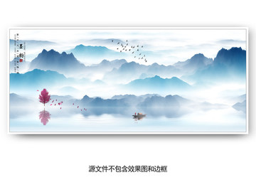 新中式客厅沙发山水背景壁画