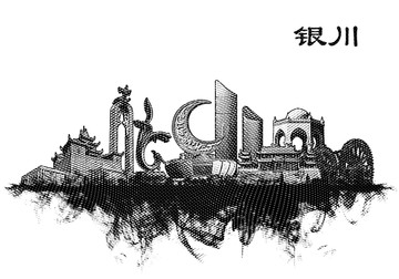 銀川地標(biāo)線描手繪