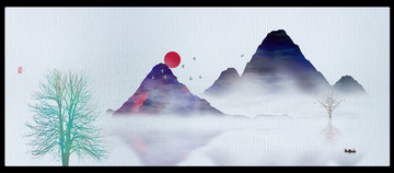 江山中国风壁画写意山水画