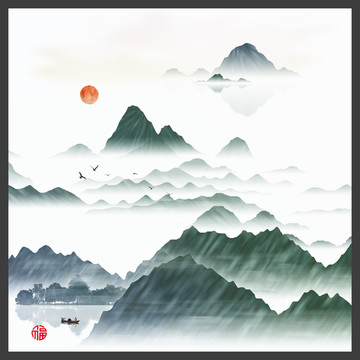 高山流水畫中國水墨裝飾畫