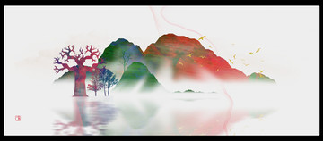 中式素雅裝飾畫(huà)寫(xiě)意山水畫(huà)