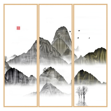 手繪禪意屏風(fēng)畫云霧水墨畫