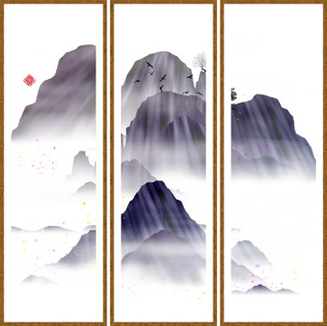 海報(bào)禪意屏風(fēng)畫云霧山水畫