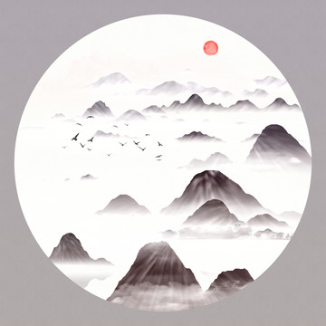客廳江南風(fēng)壁畫(huà)山峰水墨畫(huà)