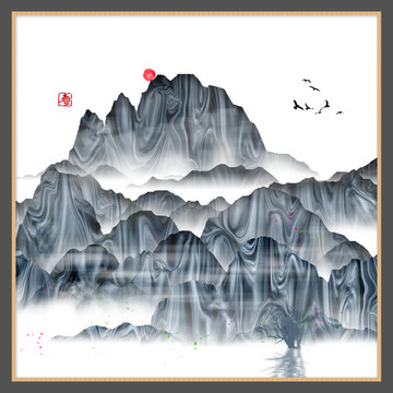 中式清雅風(fēng)景畫山峰山水畫