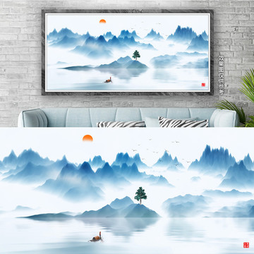 手繪新中式水墨山水群山畫