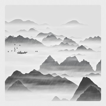 书房简约海报画高山流水画