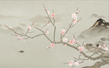 新中式手绘玉兰山水装饰画