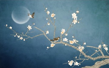 手繪工筆花鳥玉蘭花裝飾畫背景墻