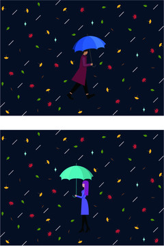 插畫秋季落葉下雨撐傘的行人