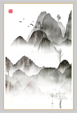 禪意屏風(fēng)畫云霧山水畫