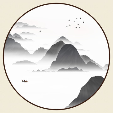 玄關(guān)群山飛鳥畫云霧山水畫