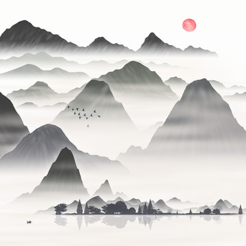 床頭聚寶盆壁畫山峰水墨畫