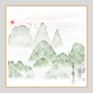 新中式高山流水山水畫