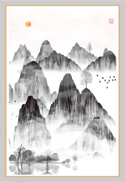 新中式高山流水山水畫