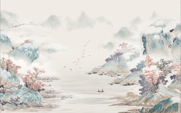 新中式彩色水墨山水背景墻