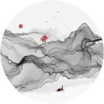 客廳沙發(fā)電視墻山水畫背景