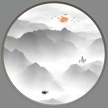 圓形水墨山水