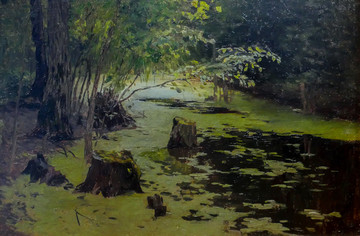 油画森林中池塘树桩