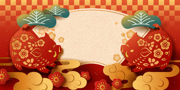 剪紙風(fēng)日本新年山豬橫幅模板