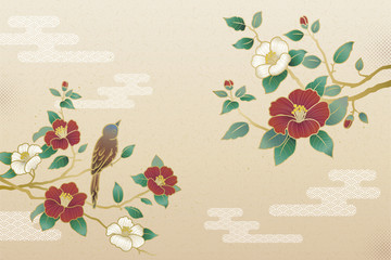 山茶花與小鳥風(fēng)景畫